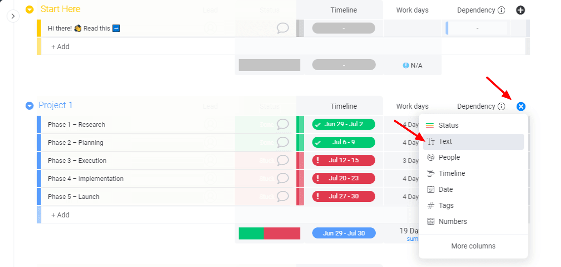 Screenshot from monday.com trial showing how to add a text column.