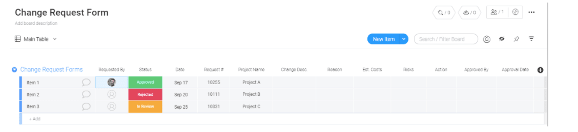 Change request form from Monday.com