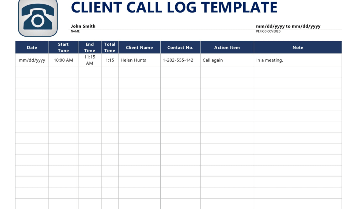 screenshot of client liaison call log table