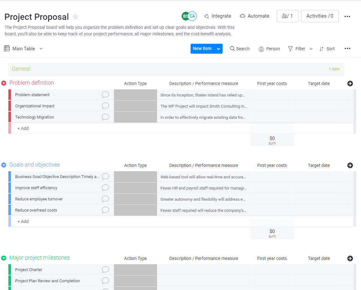 Project proposal template in monday.com