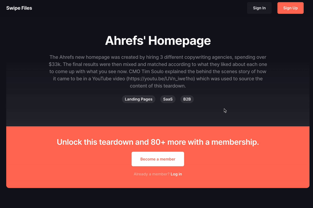 Screenshot of Ahref's homepage featuring a 'Become a member' sign-up button