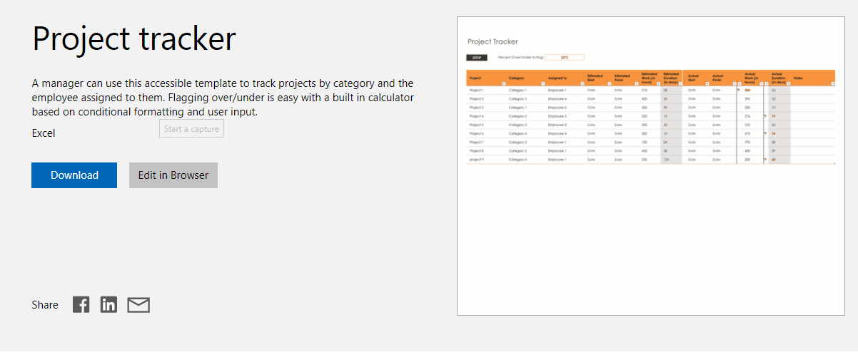 Excel's project tracker template screenshot