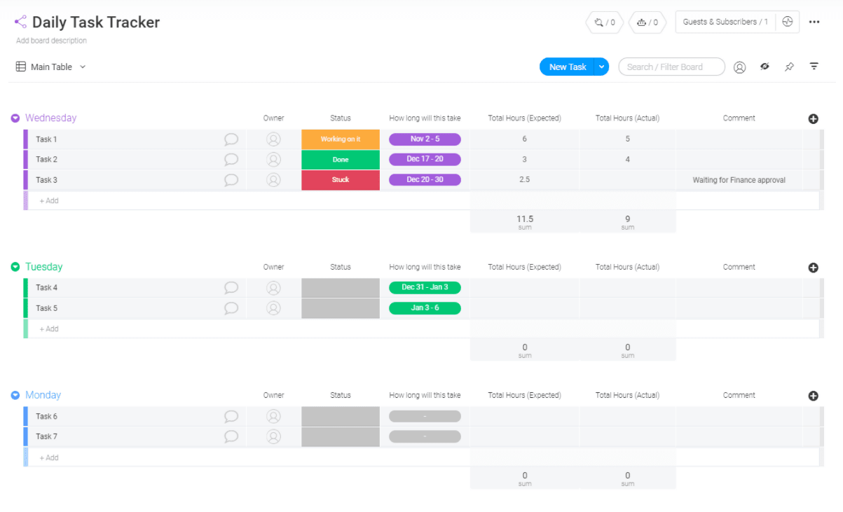 Daily schedule template for project management