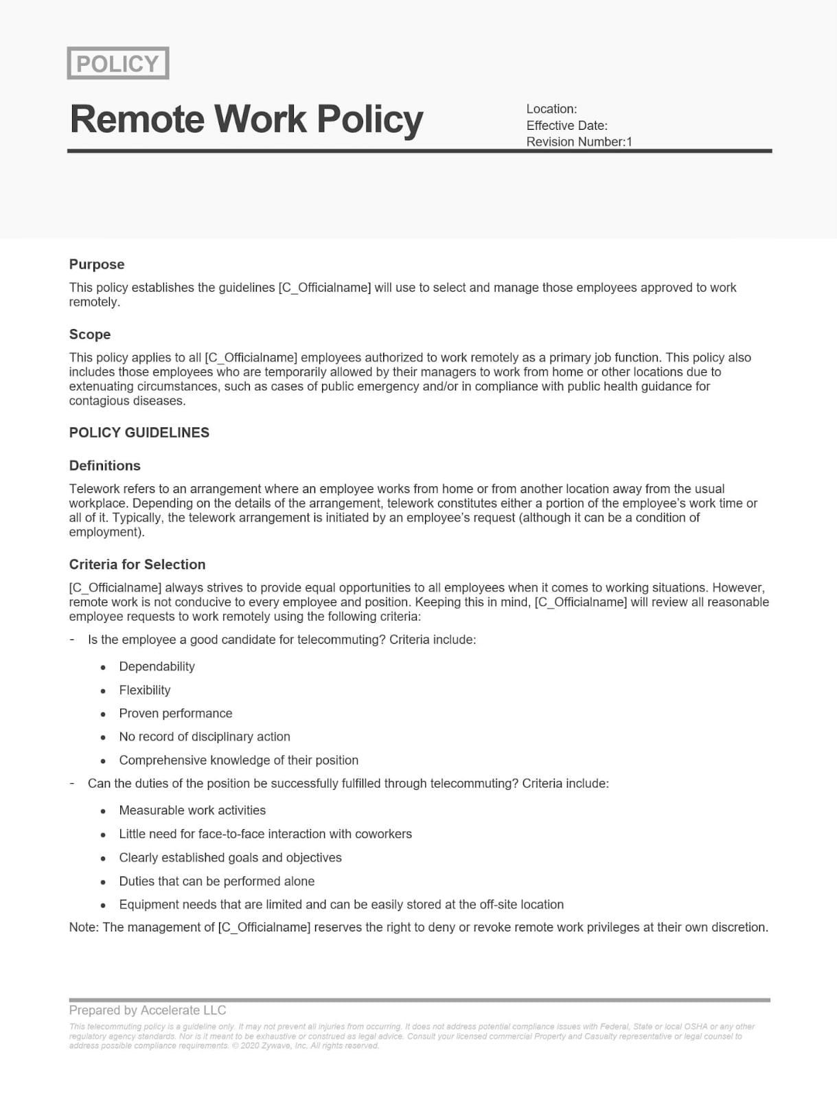 example of a template document for a remote work policy