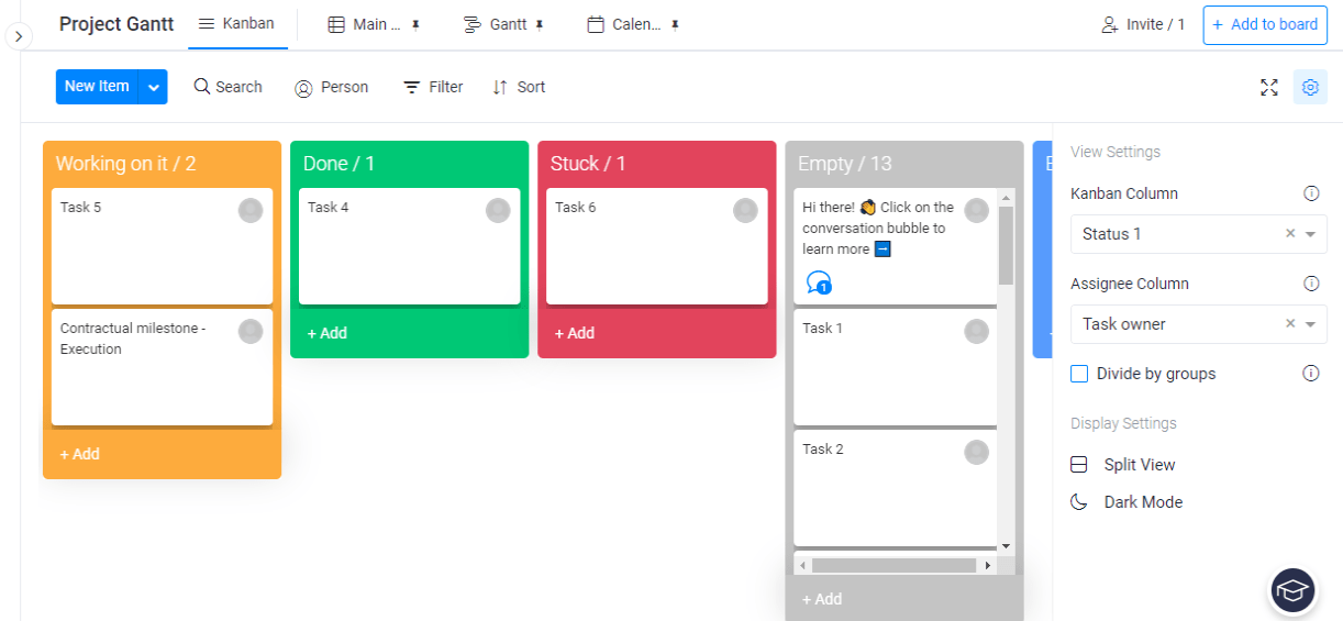 Screenshot showing project gantt board kanban view at monday.com trial