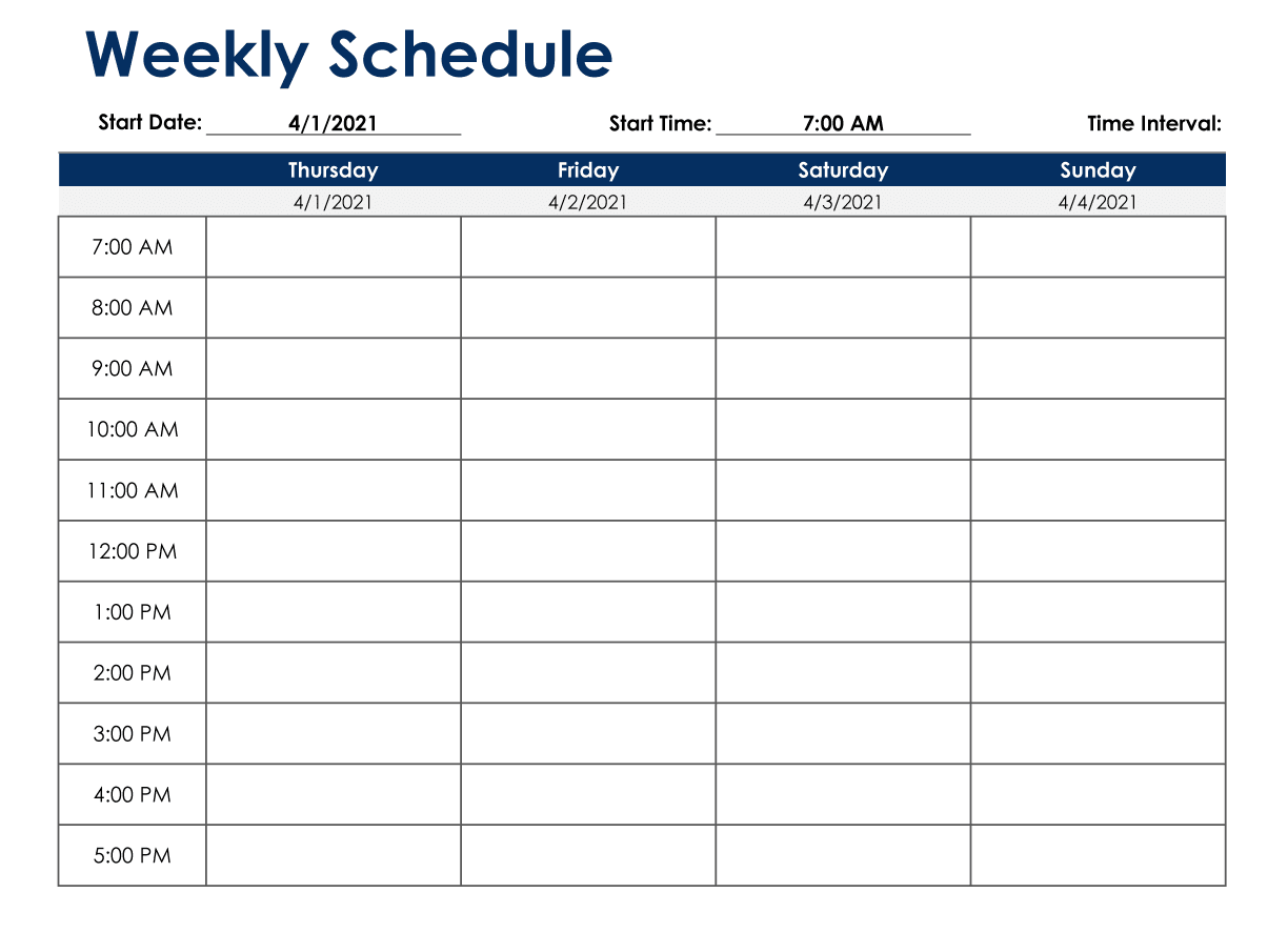 A weekly schedule template with time segments for Thursday-Sunday