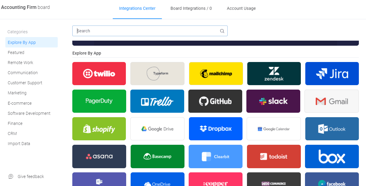 monday.com's integrations center screenshot