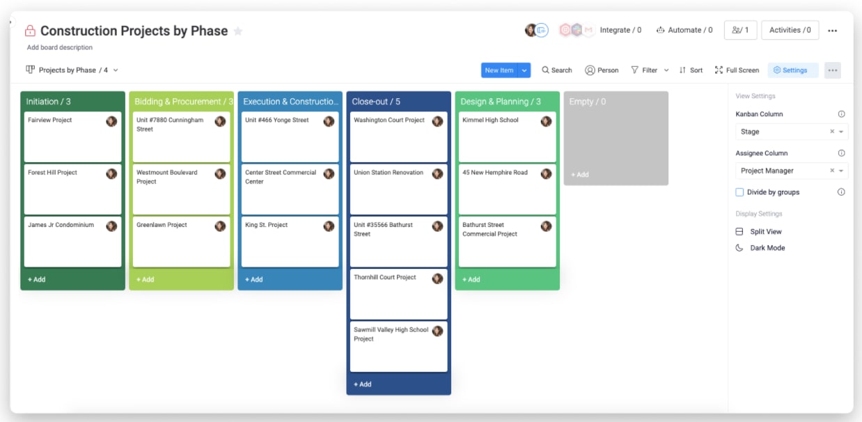 monday.com construction kanban board