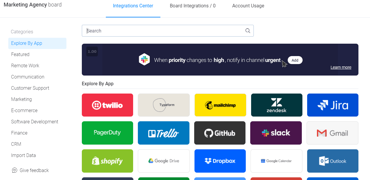 monday.com's integrations center screenshot