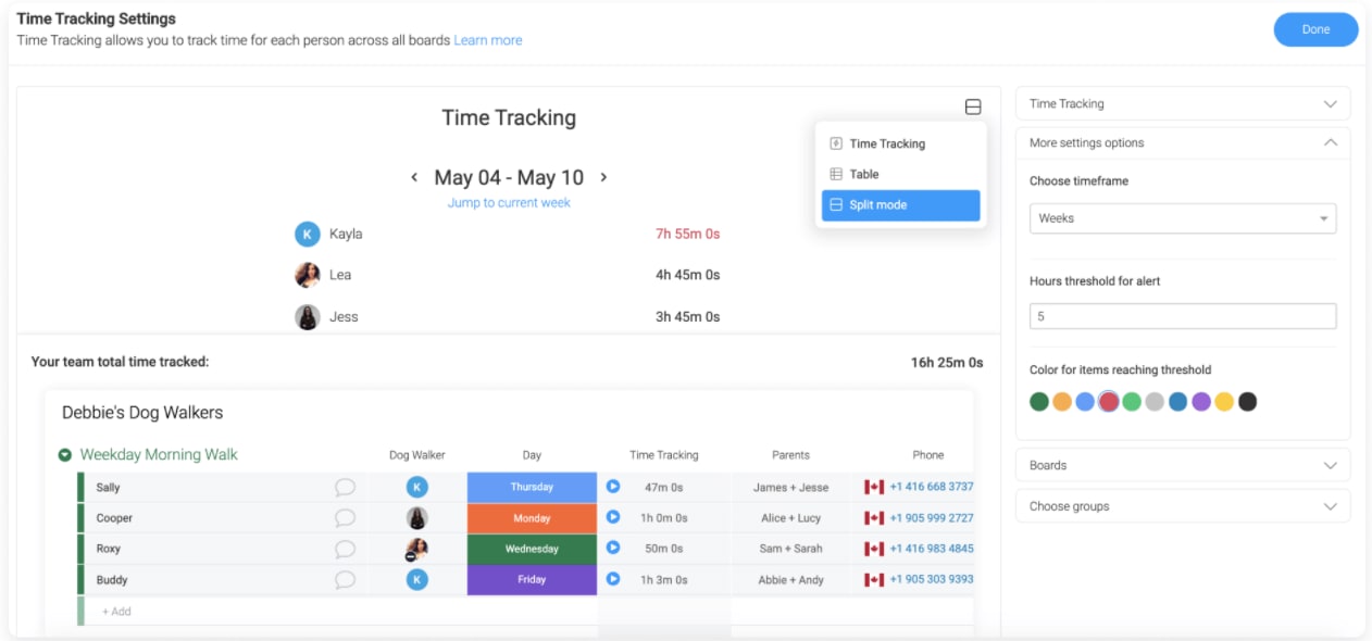 tracking time in monday.com