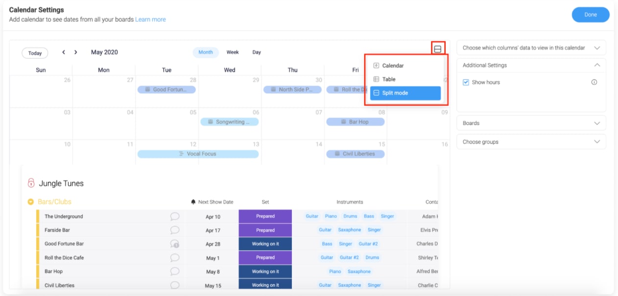 monday.com calendar widget split view