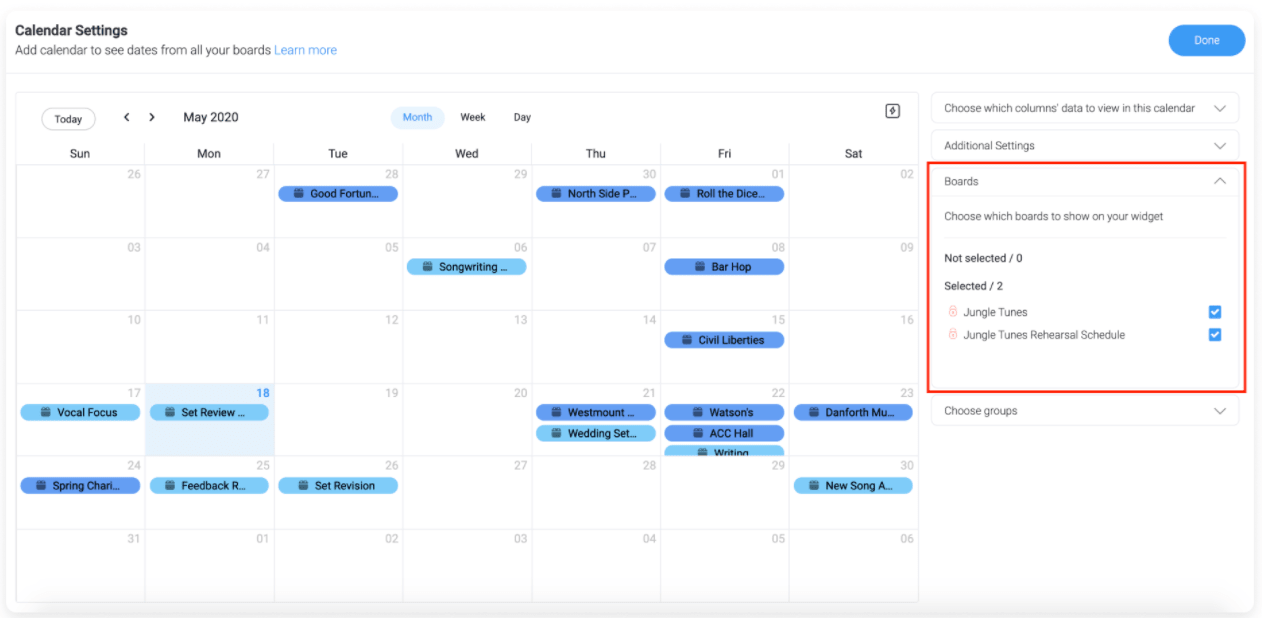 monday.com customizing calendar widget