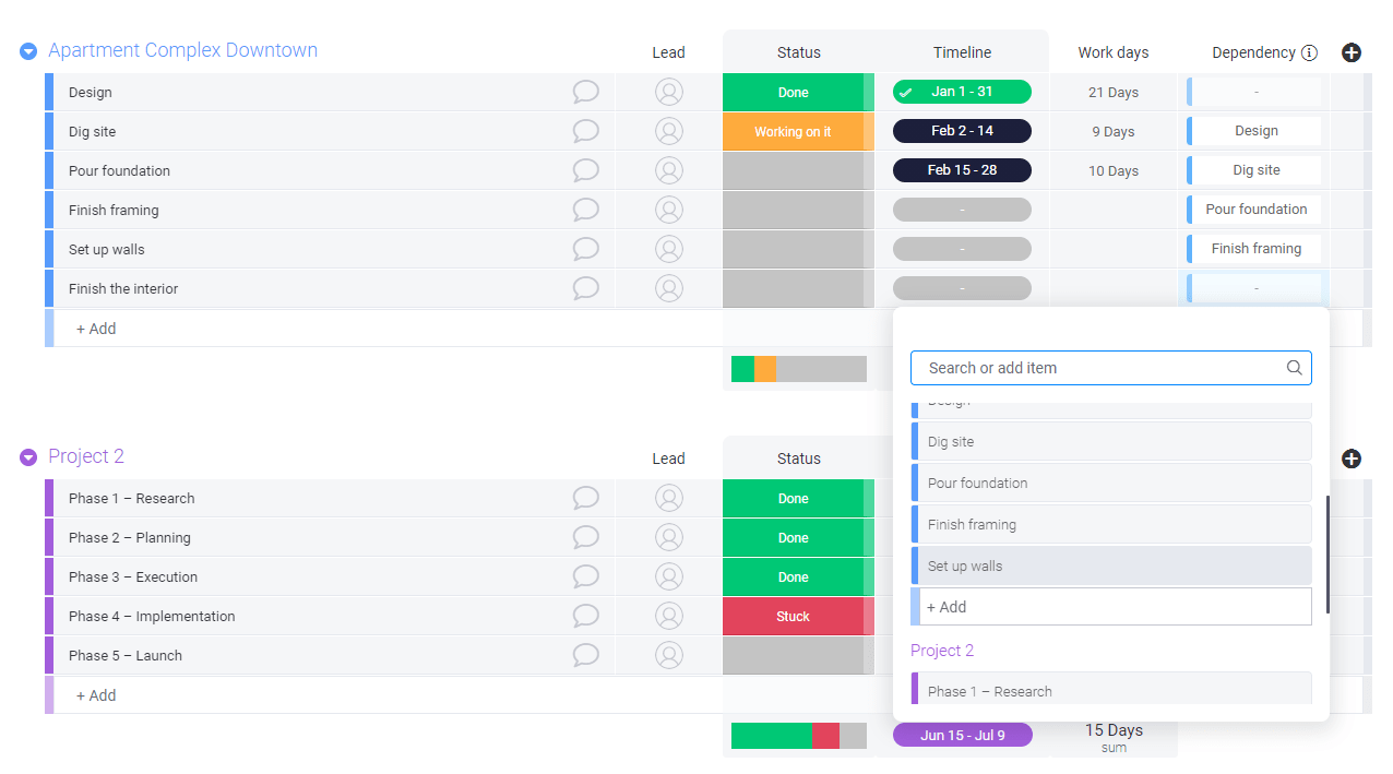 screenshot of monday.com dependencies used in an app by a project manager 