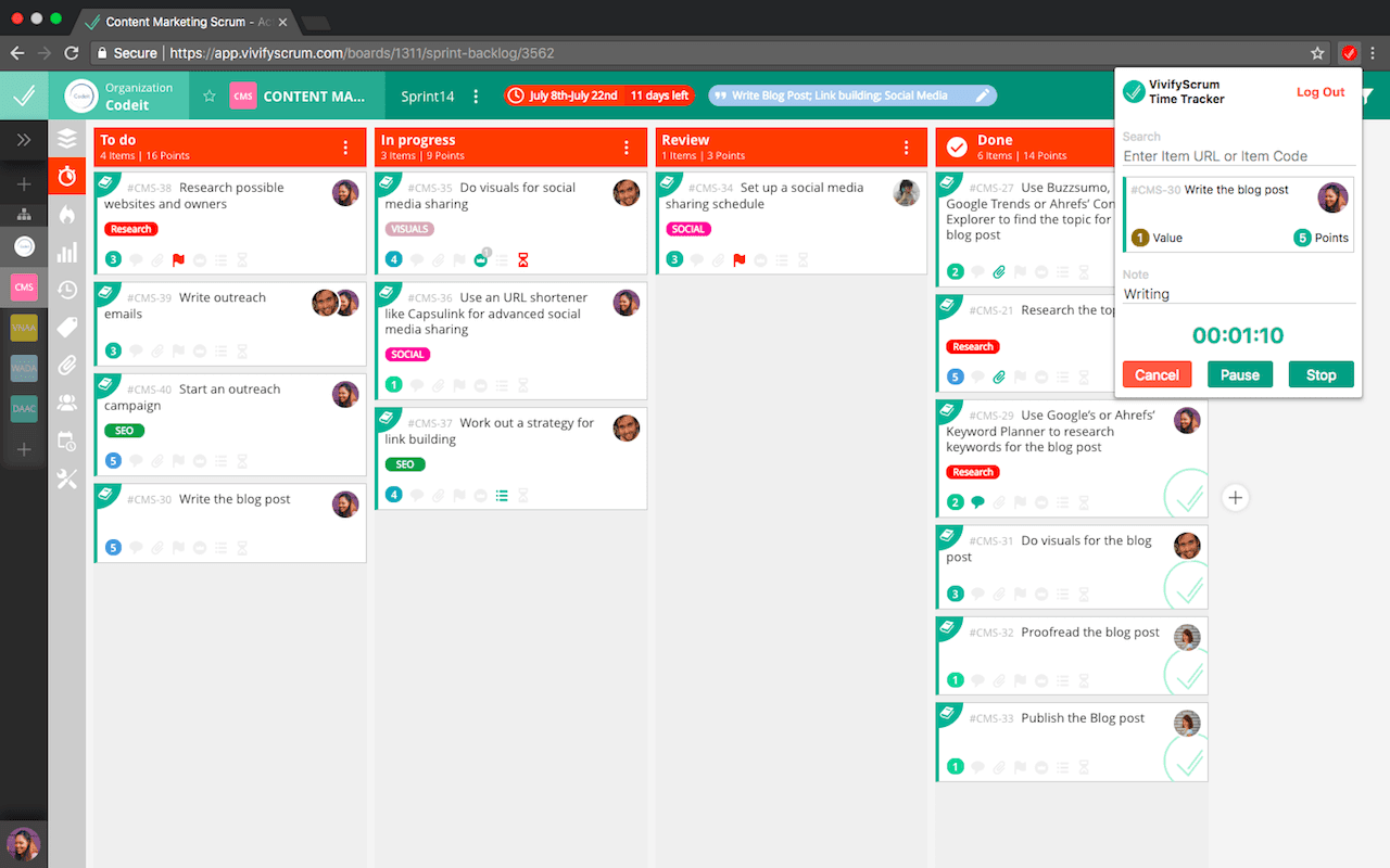 A screenshot showing VivifyScrum kanban