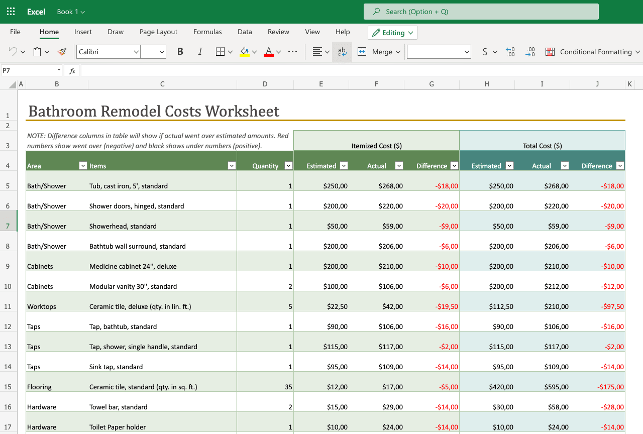 screenshot of bathroom remodel template