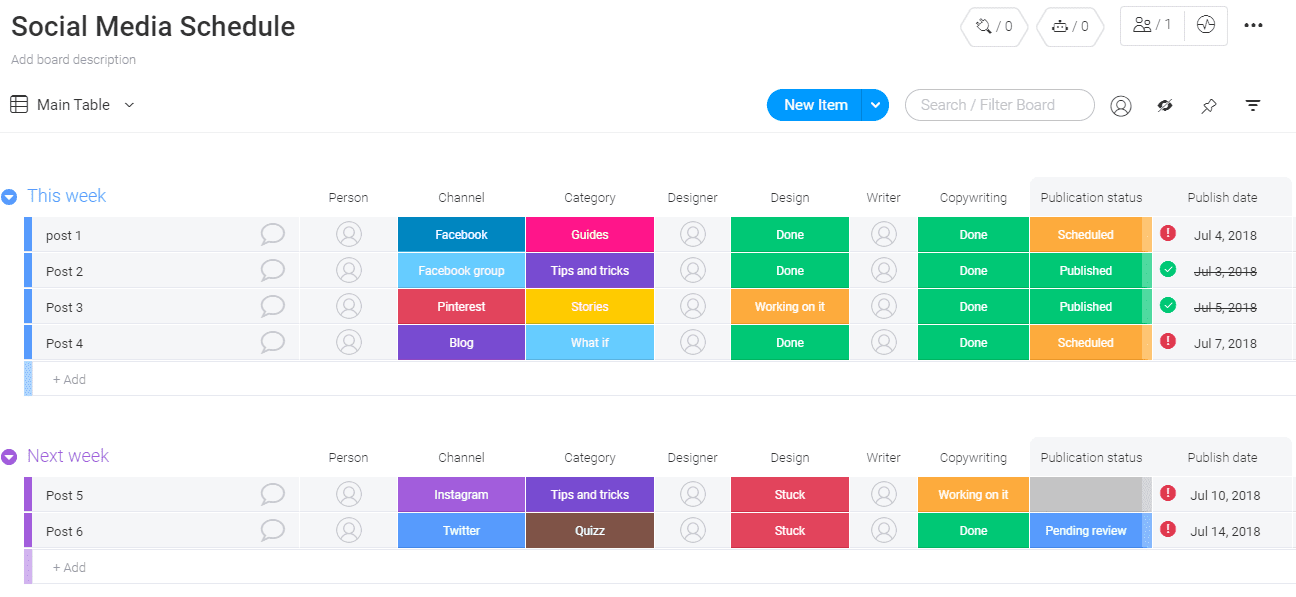 monday.com's platform allows users to access their pre-made social media schedule