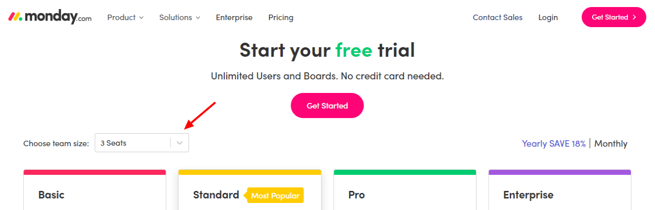Screenshot from monday.com showing plan options and how to choose team seats.