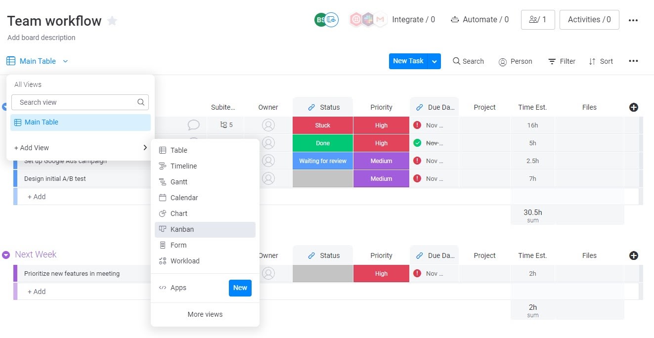 Create Kanban view in monday.com UI