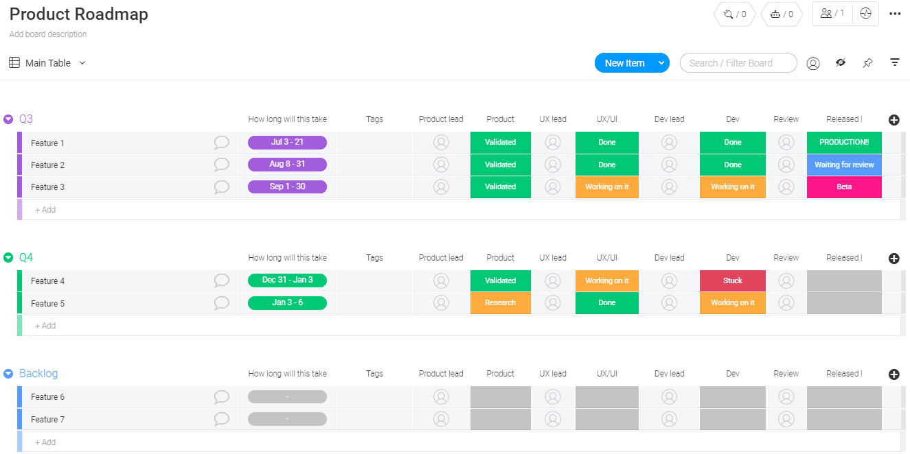 example of a product roadmap in monday.com