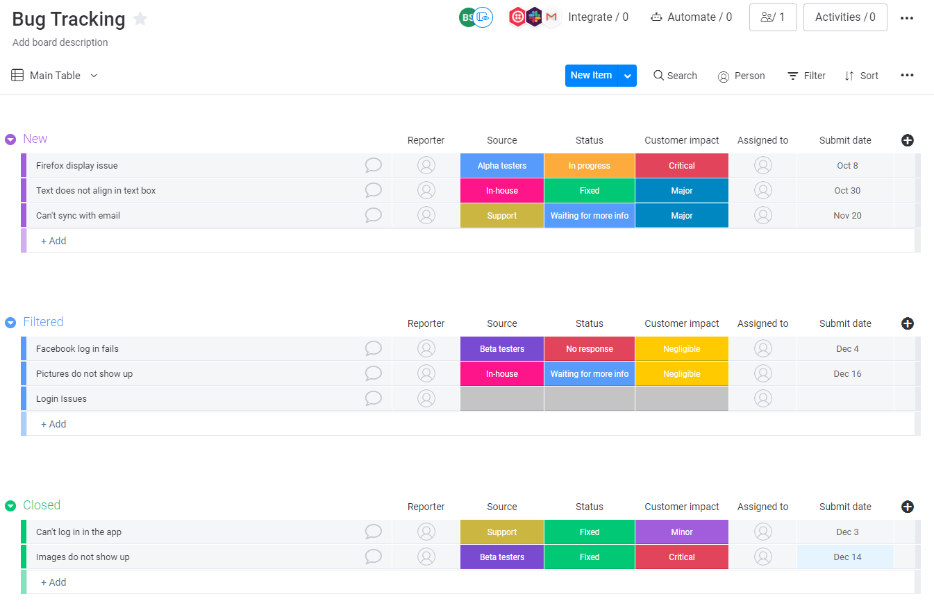 Bug tracking template