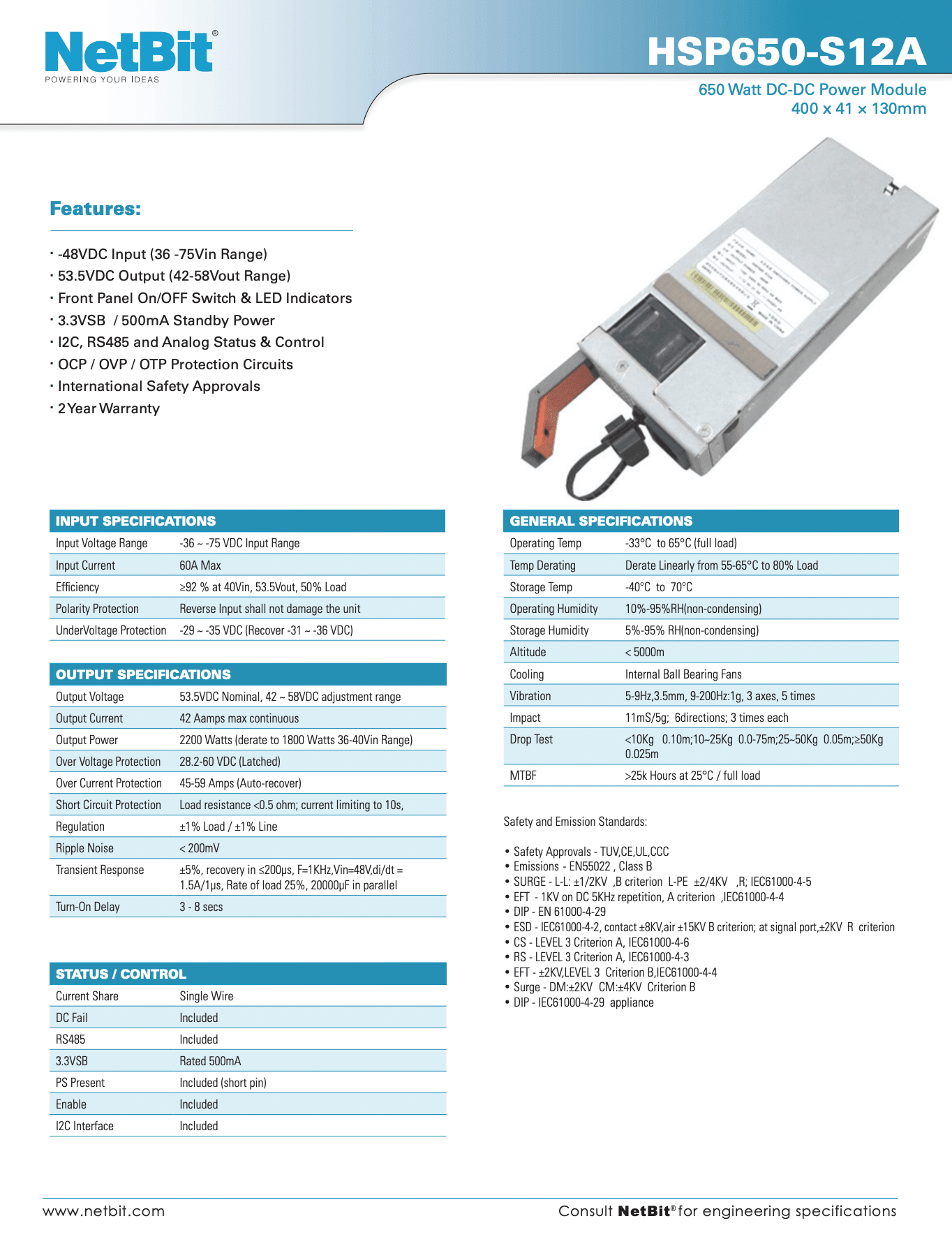 technical specification documents for NetBit power module