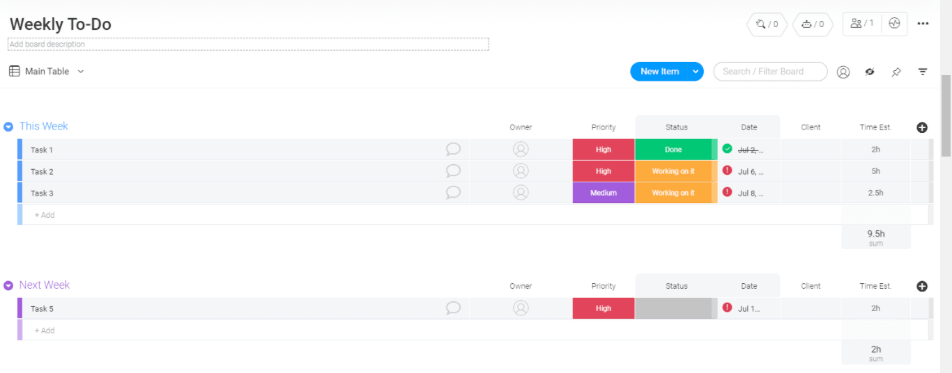 Screenshot of monday.com Weekly To-Do template for teams