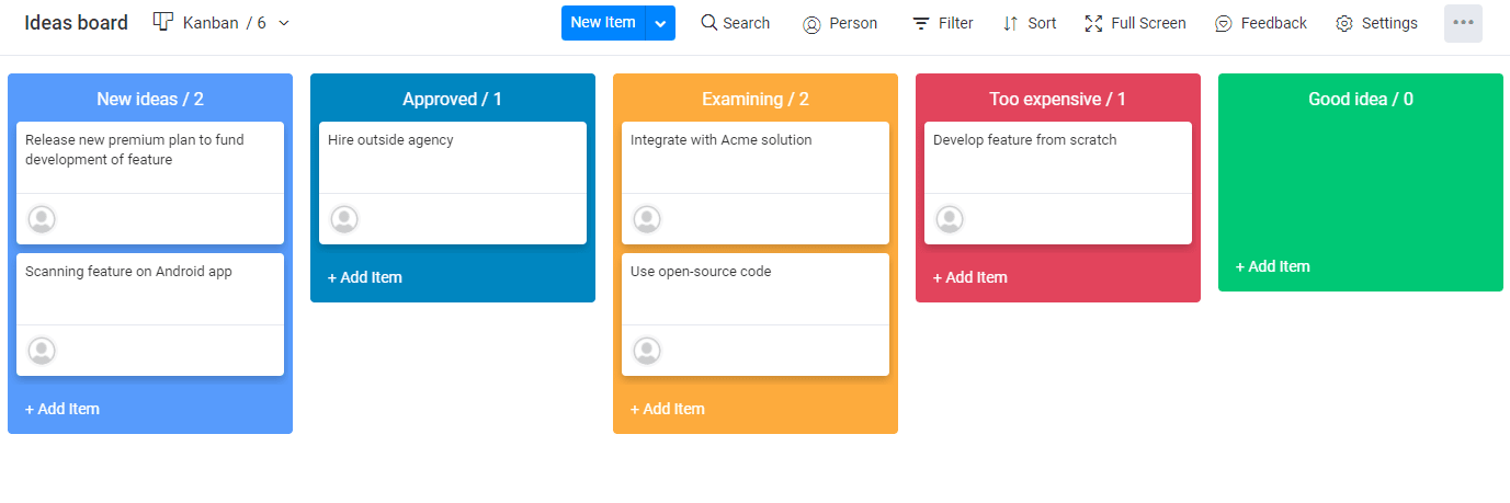 Kanban board for ideas