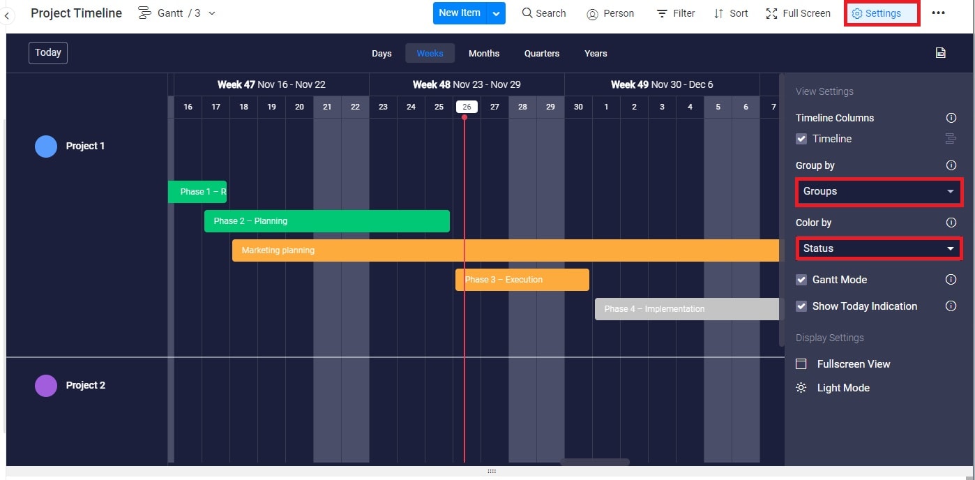 Screenshot of editing Gantt view settings on a monday board.