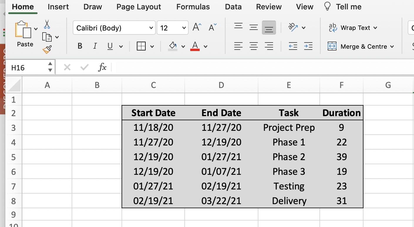 project data in excel