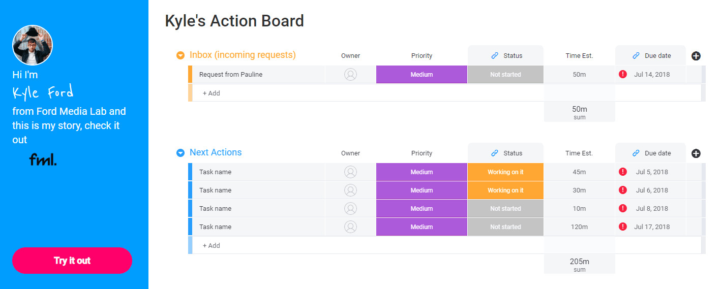 A screenshot of the action board template from Monday.com.