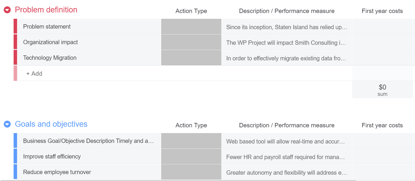 screenshot of how to monitor business justification using monday.com project proposal template