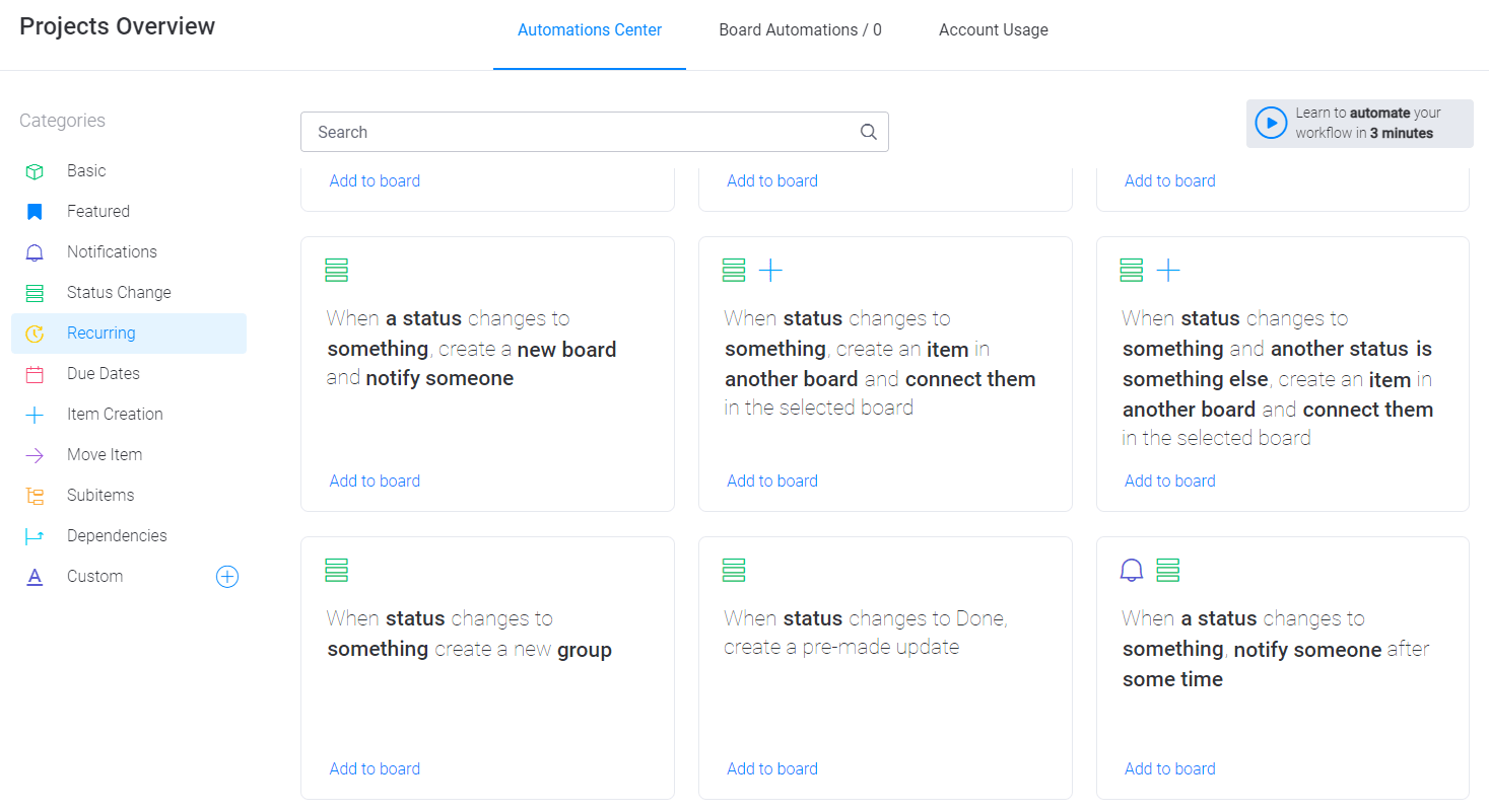 Projects overview board in monday.com