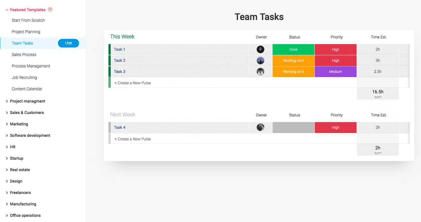 screenshot of task tracking in monday.com