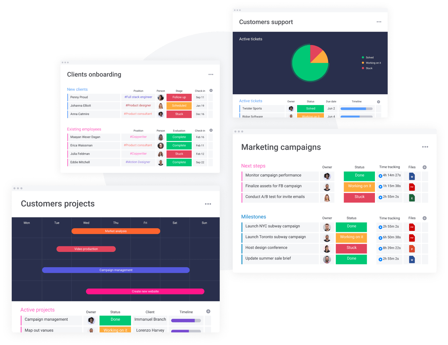 Various monday.com CRM dashboards