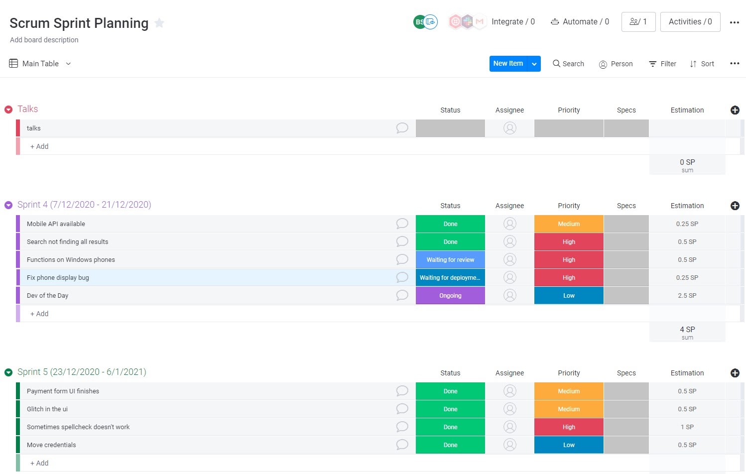 Scrum sprint board in monday.com UI