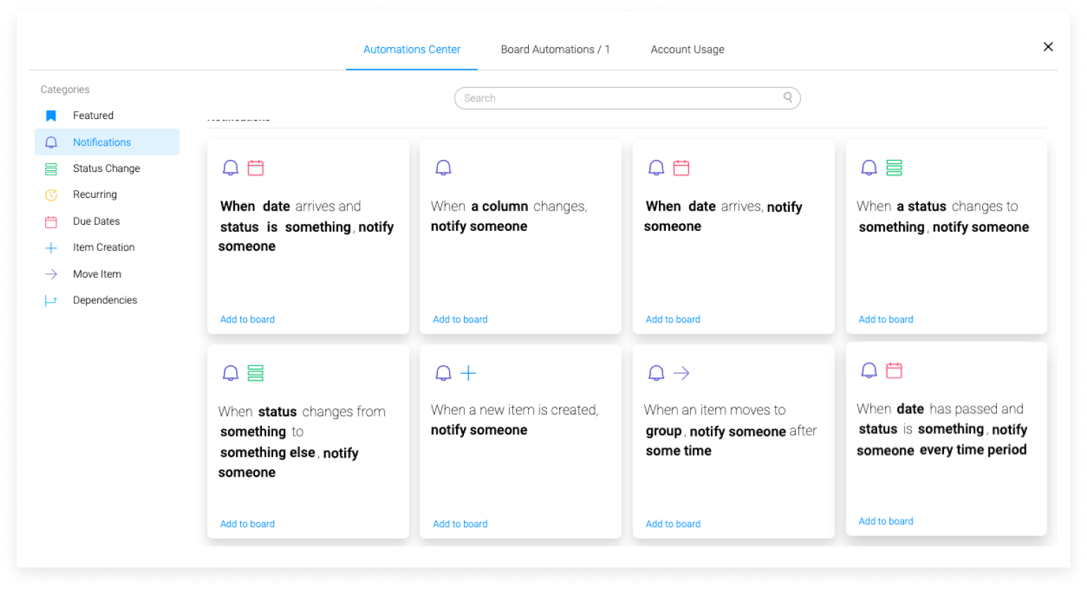 Screenshot showing examples of automation types in monday.com, which can be used to set reminders