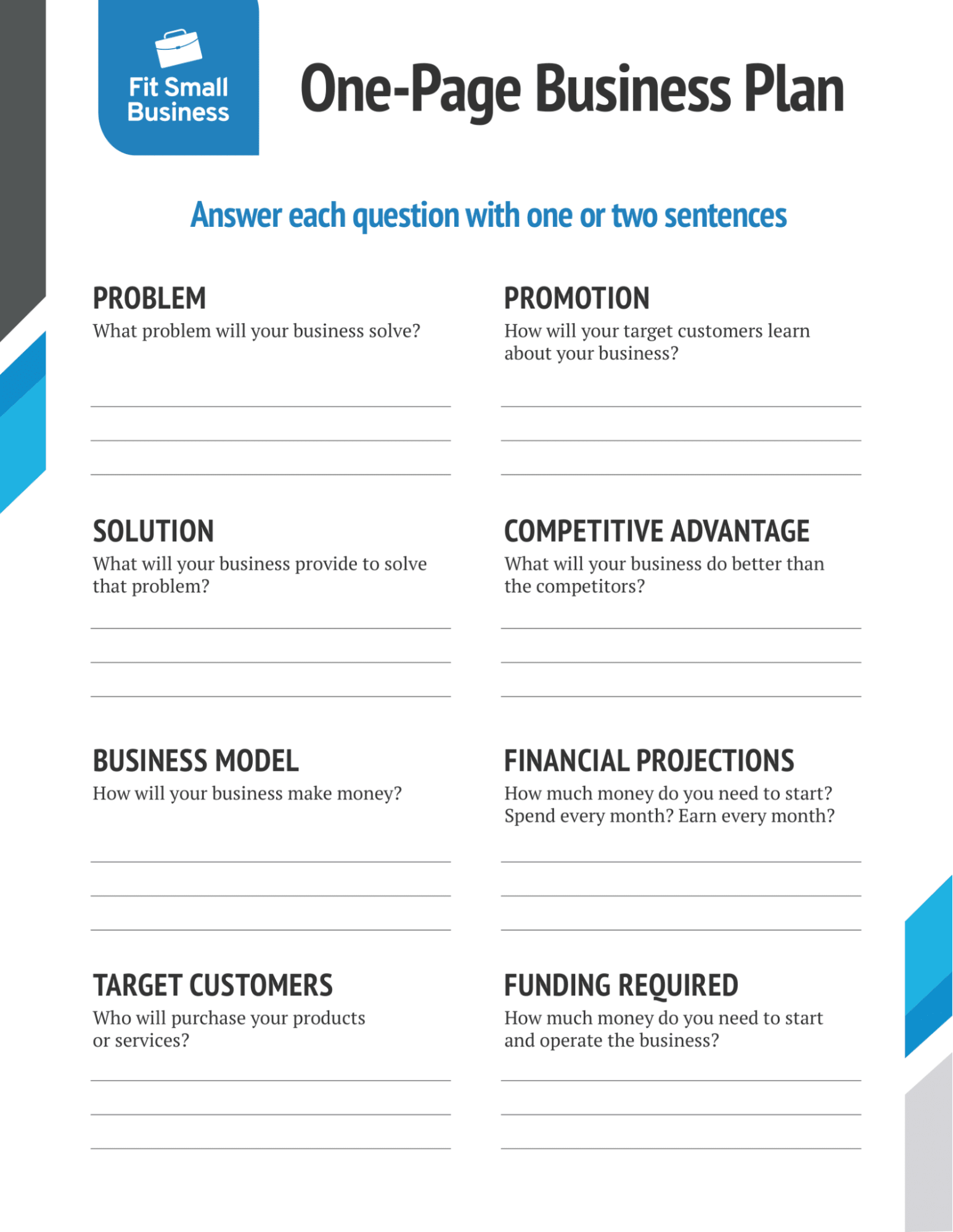 example of a one-page business plan template with questions