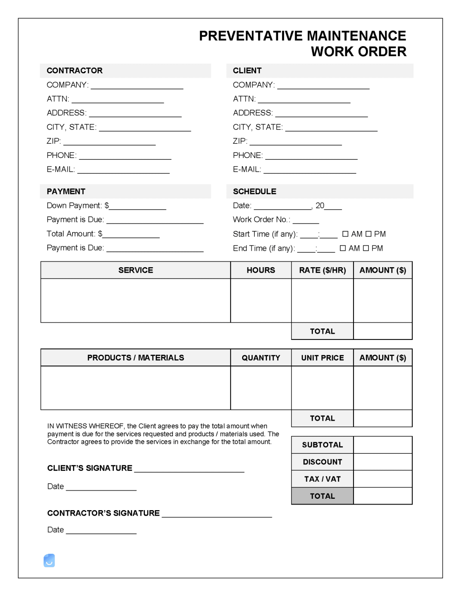 Example of a preventative maintenance work order template