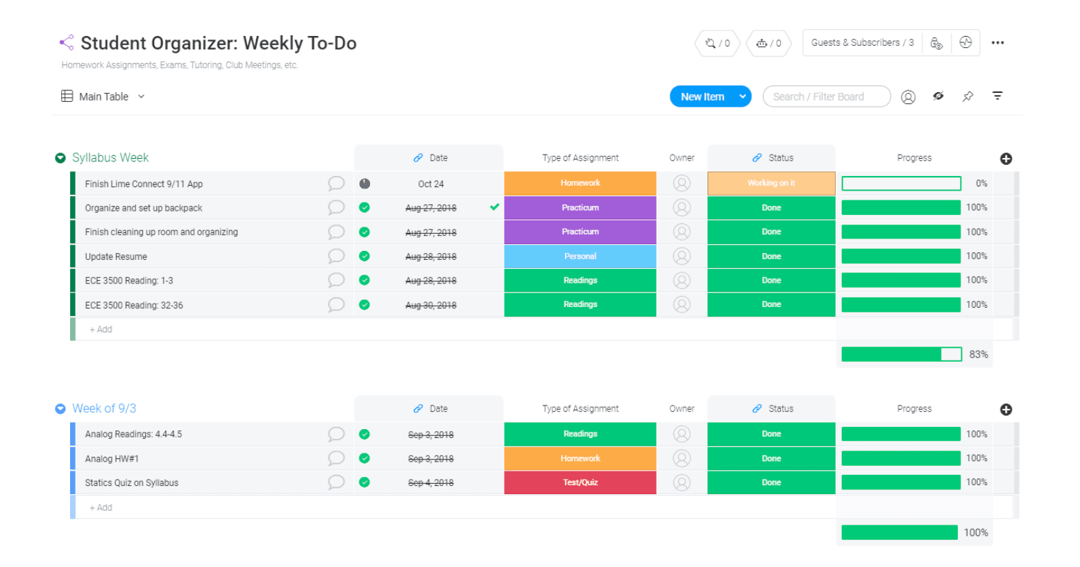 monday.com student organizer template