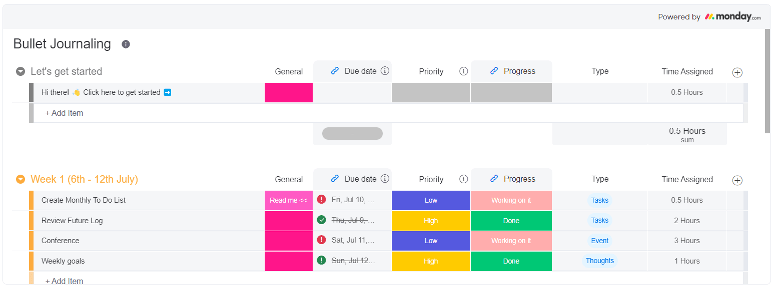 Bullet journal template from monday.com