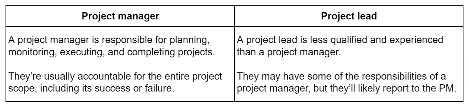 Project manager vs project lead