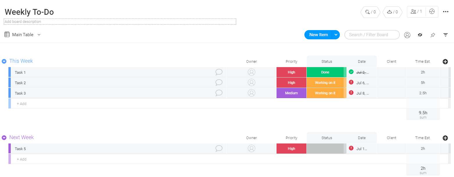Weekly to-do list in monday.com