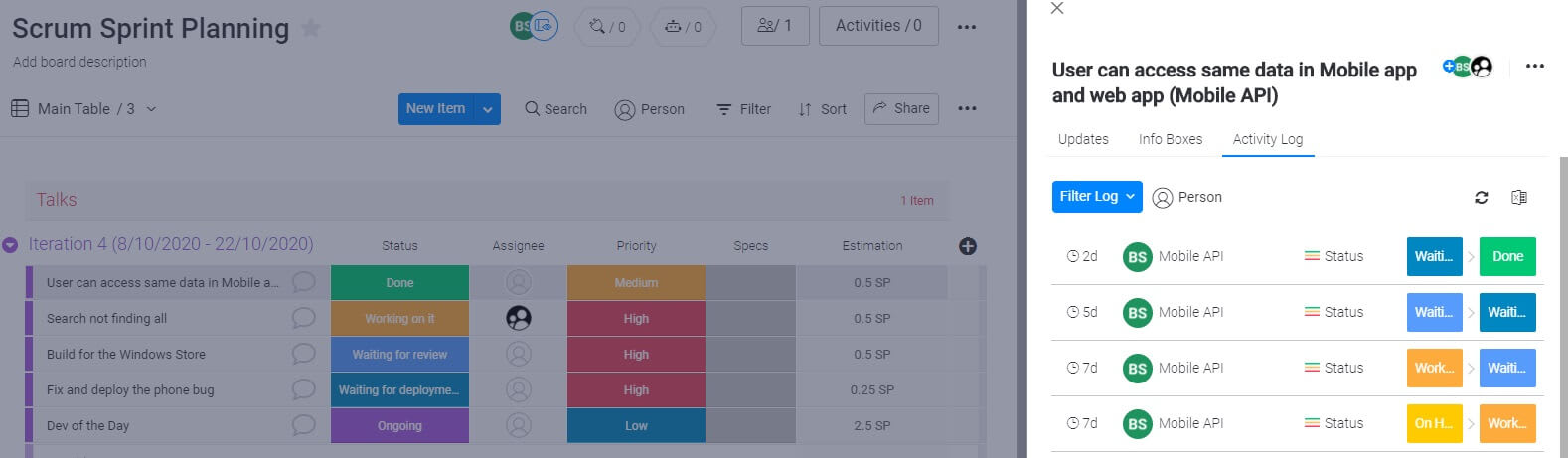 Screenshot of monday UI - Scrum Sprint activity log