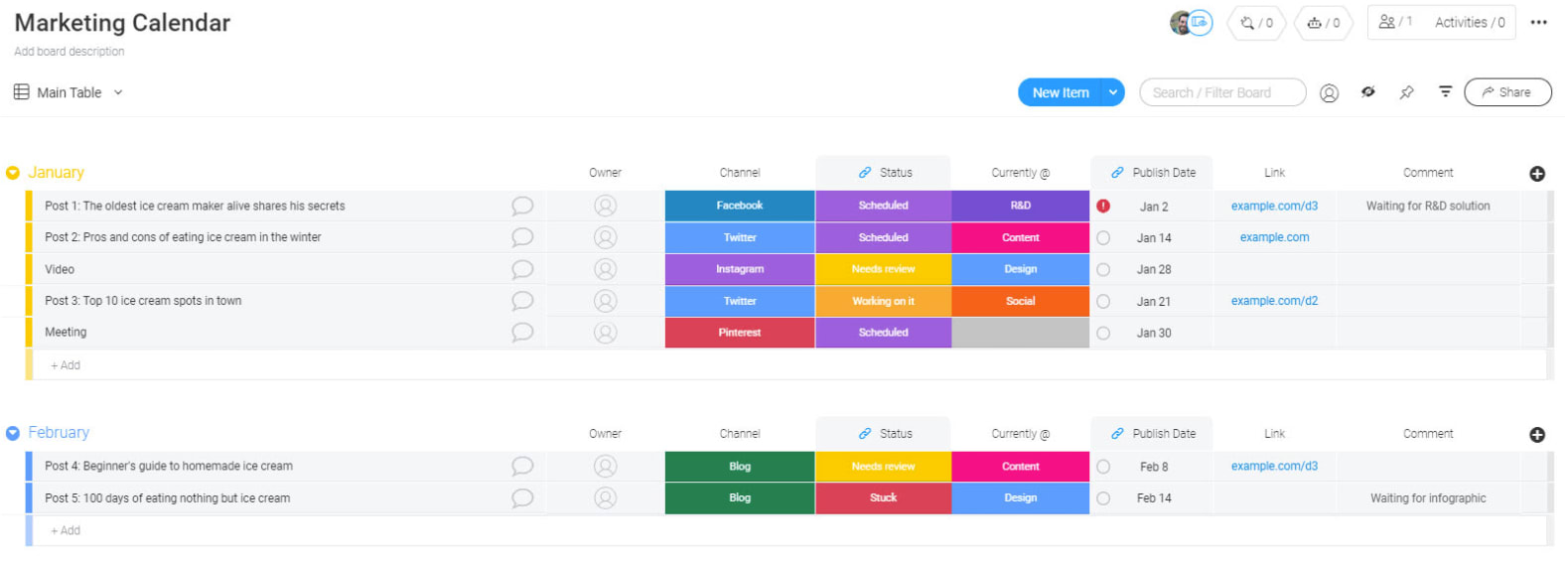 screenshot of marketing calendar template from monday.com