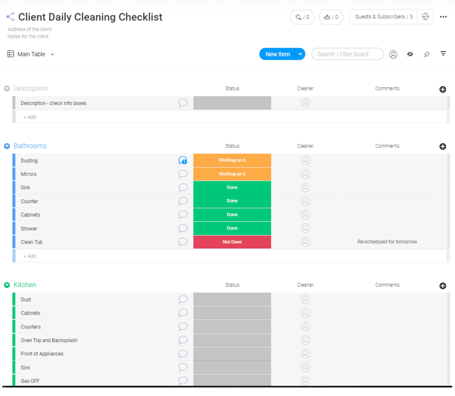 monday.com daily cleaning checklist template