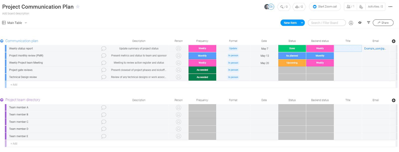 monday.com's project communication template screenshot