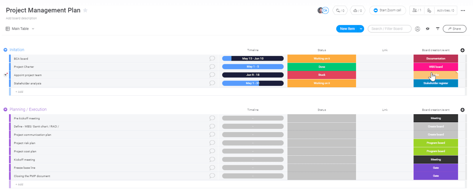 monday.com project management workflow template with timelines and progress statuses