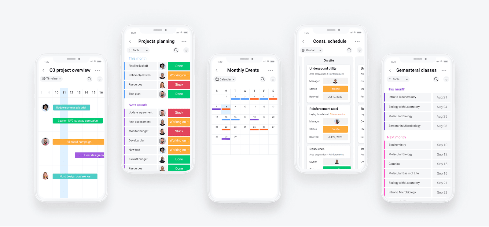 Various monday.com dashboards on the mobile app