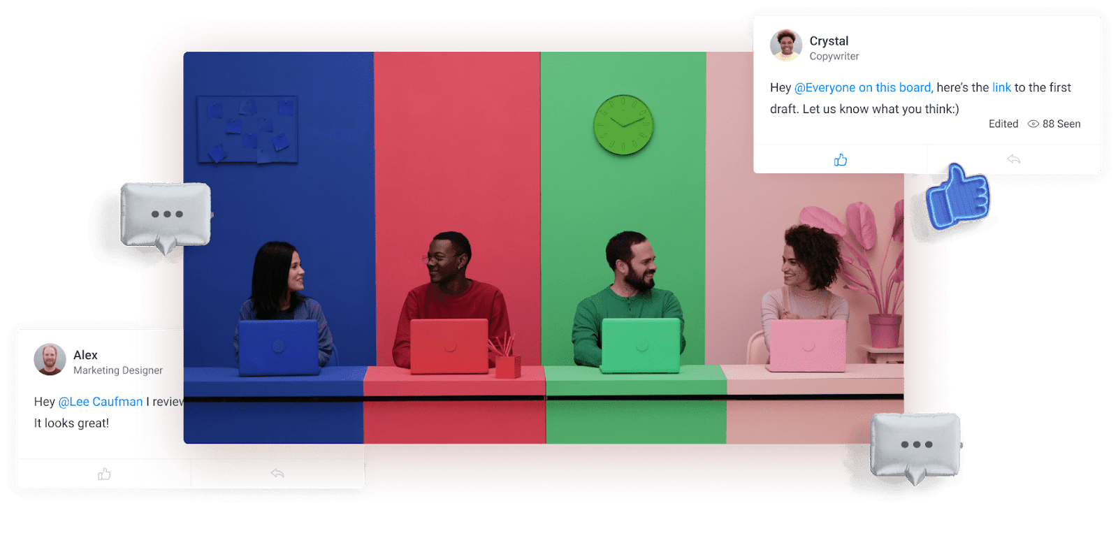 Four color-blocked team members happily communicating using monday.com