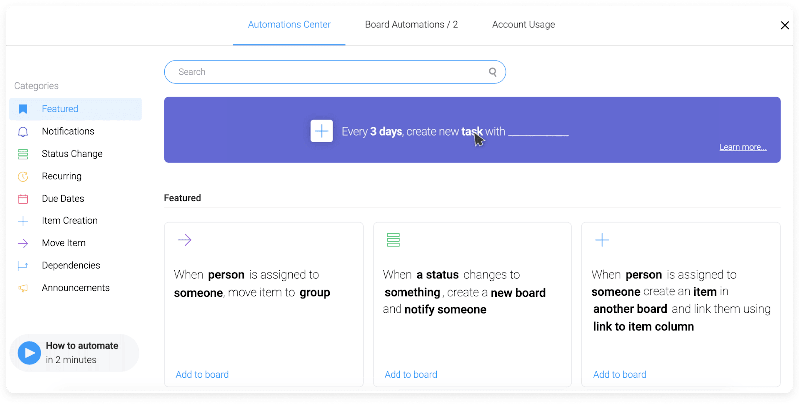 screenshot of automation in monday.com